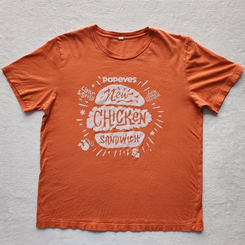 Popeyes Chicken Sandwich T Shirt Mens Medium‎ Orange Love That Chicken NOLA Tee
